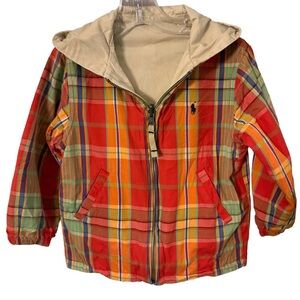 Polo By Ralph Lauren Kids Reversible Jacket Multi Plaid / Solid Khaki Hood Sz 3T